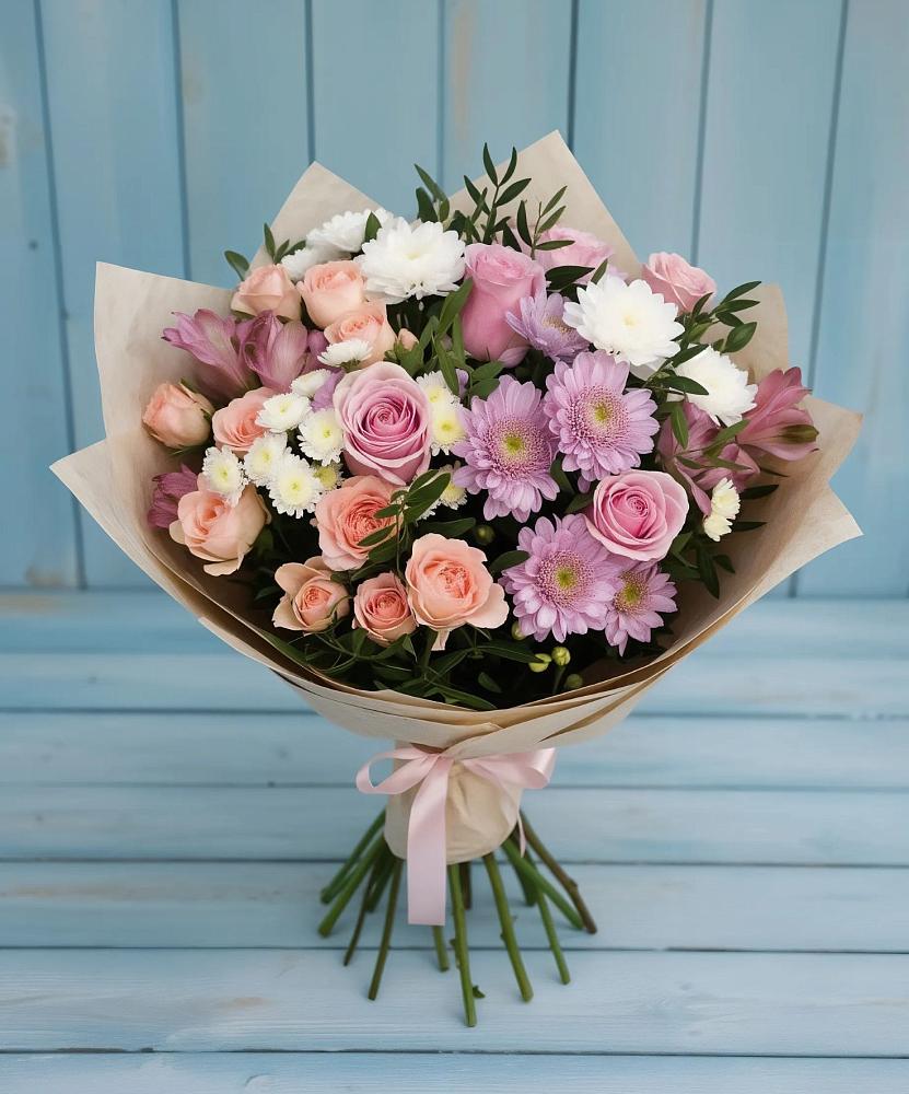 Букет цветов из: Хризантемы, Розы и Альстромерии в Южно-Сухокумске