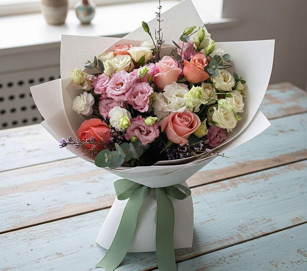 Букет цветов из: Розы, Лизиантусы и Гвоздики в Южно-Сухокумске