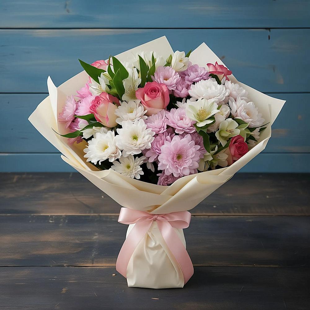 Букет цветов из: Хризантемы, Альстромерии и Розы в Южно-Сухокумске